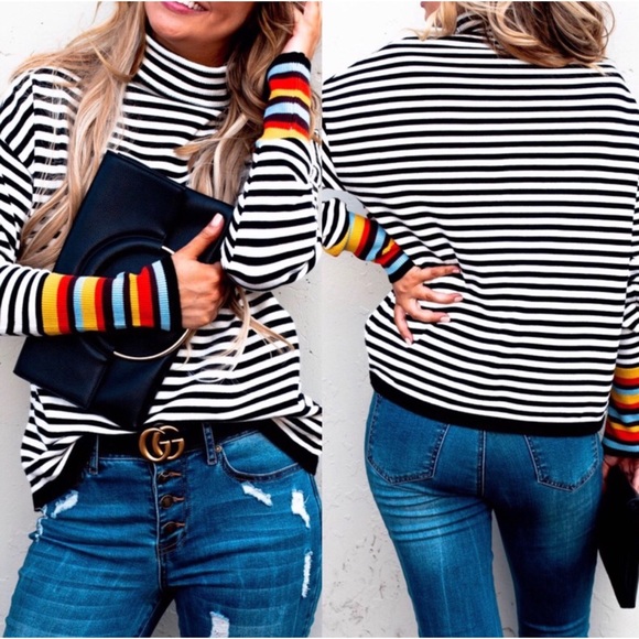LAST ONE! Black & White Striped Turtleneck Sweater - Picture 2 of 8